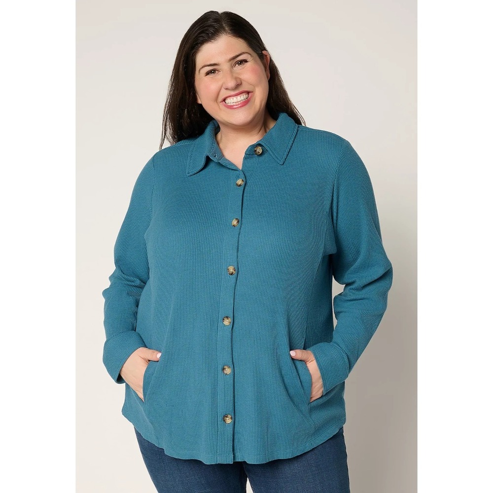 Belle by Kim Gravel Regular Waffle Knit & Jersey Button Front Top Mineral,XL #3C